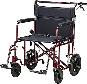 Drive Medical Bariatric Transport Chair with 12 Inches Rear Flat Free Wheels, Red, 22 Inches