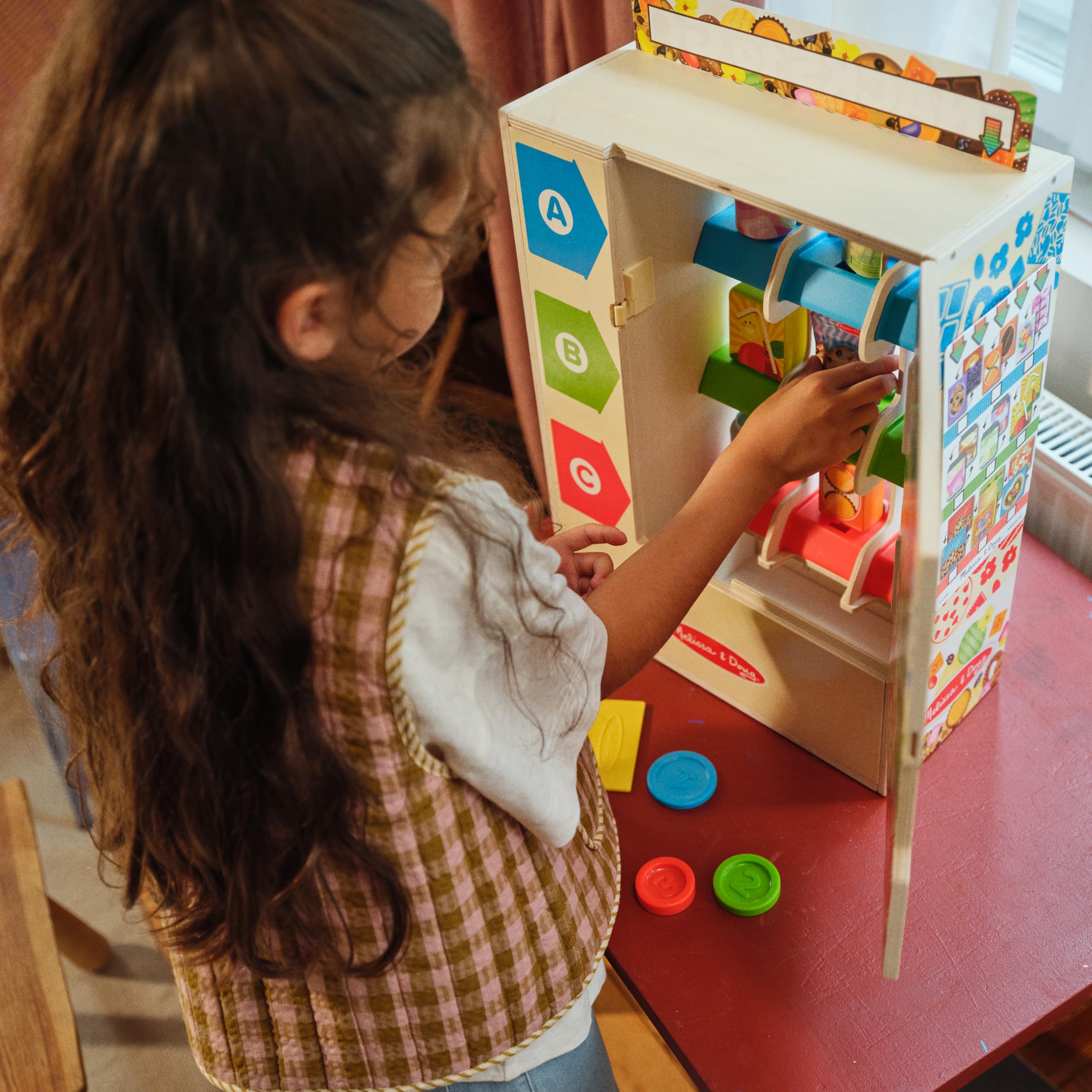 Melissa & Doug Sort-Stock-Select Wooden Vending Machine Toy with Play Food, Mini Vending Machine Toys & Play Money, Preschool Toys for Kids Ages 3+