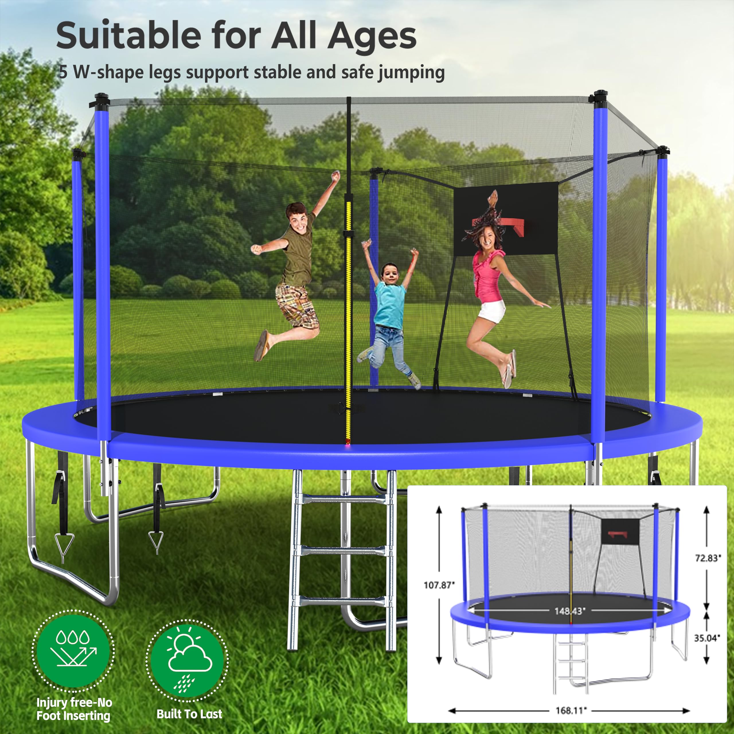Lyromix Upgraded 14FT Trampoline for Kids and Adults, Large Outdoor Trampoline with Stakes, Light, Sprinkler, Backyard Trampoline with Basketball Hoop and Net, Capacity for 4-6 Kids and Adults