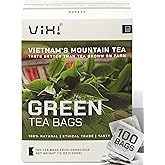 VIXI Green Tea Bags, 100 Counts, Vietnam's Mountain Tea, Antioxidant, Caffeinated, Tagless, Plastic Free, Balanced Flavored, 100% Natural for Hot, Iced and Cold Brew