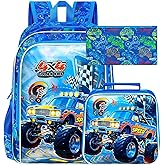 ZLYERT 16" Truck Backpack for Boy, 3Pcs Bookbag for Elementary Preschool Kindergarten, Kids School Backpacks with Lunch Box (Blue)