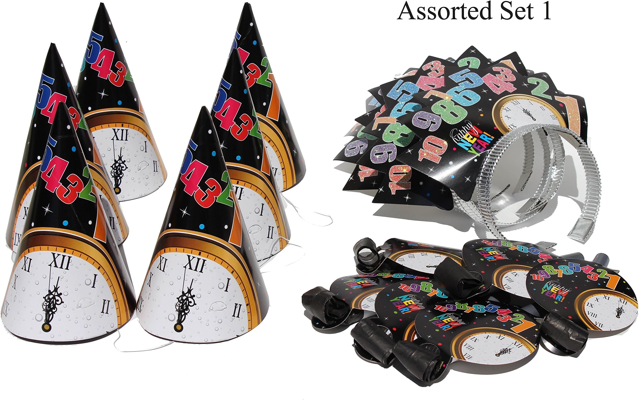 18 Pack Happy New Year Party Kit - Party Hats, Party Tiaras, Party Horns - New Year Party Supplies