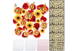 Hoteam Graduation Cap Decorations Kits Included Faux Flower Heads 3D Butterfly Stickers Self Adhesive Rhinestones Glitter Alphabet Letter Stickers for Grad Cap Topper DIY Craft Art Decor (Red Yellow)