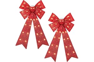 ANVAVO 2 Pieces LED Christmas Bow Christmas Tree Topper Bow Prelit Christmas Bows Decorations with Lights 24"x12" Large Xmas LED Lights Bow Battery Powered Christmas Bows for Wreath Garland, Red