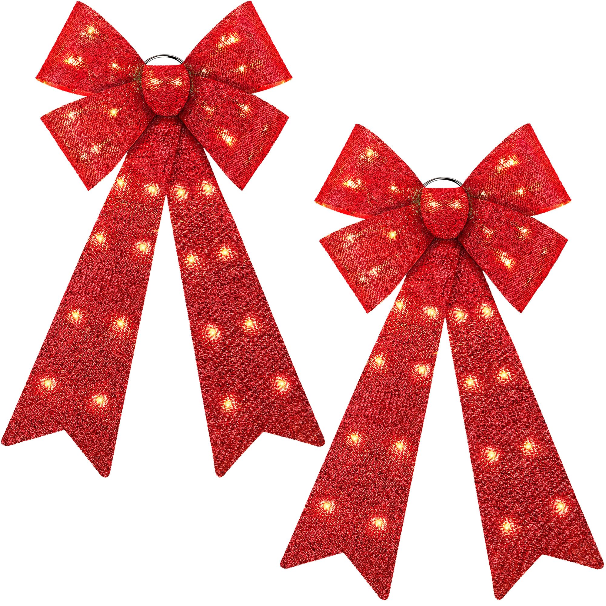 Photo 1 of ANVAVO 2 Pieces LED Christmas Bow Christmas Tree Topper Bow Prelit Christmas Bows Decorations with Lights 24"x12" Large Xmas LED Lights Bow Battery Powered Christmas Bows for Wreath Garland, Red