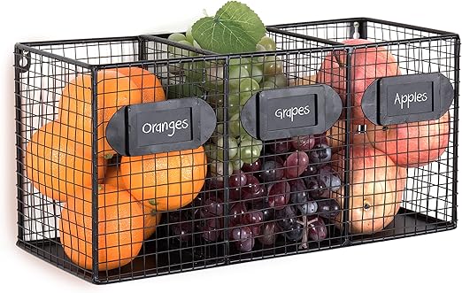 Amazon Com Wall Mounted Black Metal Wire 3 Compartment Bin Fruit