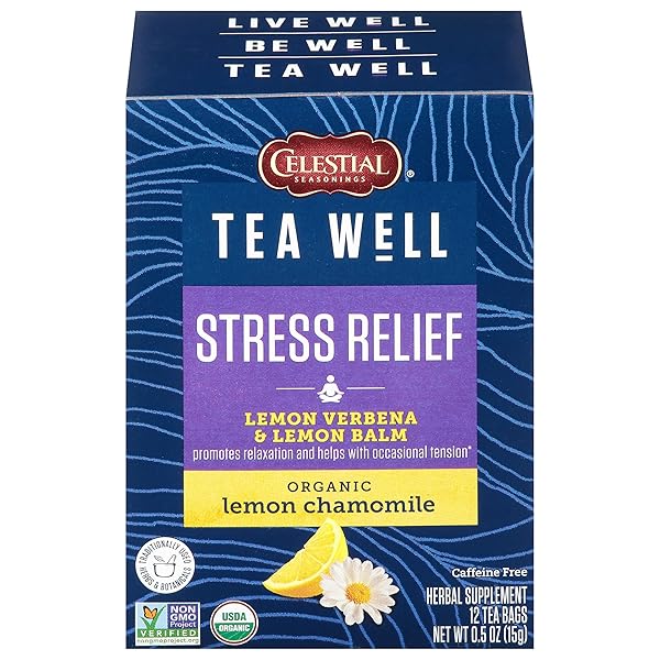 CELESTIAL SEASONINGS TEAWELL HERBAL TEA, STRESS RELIEF, LEMON VERBENA AND LEMON BALM, ORGANIC LEMON CHAMOMILE, CAFFEINE FREE WELLNESS TEA, 12 TEA BAGS