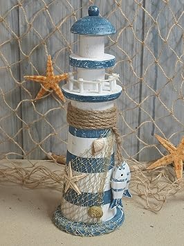 Unbekannt Leuchtturm blau/weiß gestreift ca. 24cm groß mit 2 Holzfischchen