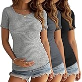 Velvelhall 3 Pack Women's Maternity Shirts Short Sleeve Ribbed Pregnancy Tops Round Neck Casual Basic Tee Maternity Clothes
