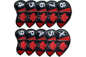 NEwoilkwo Canadian Flag Golf Iron Head Covers Headcovers Set Black Synthetic Leather Golf Iron Covers for Golf Clubs | 10Pack