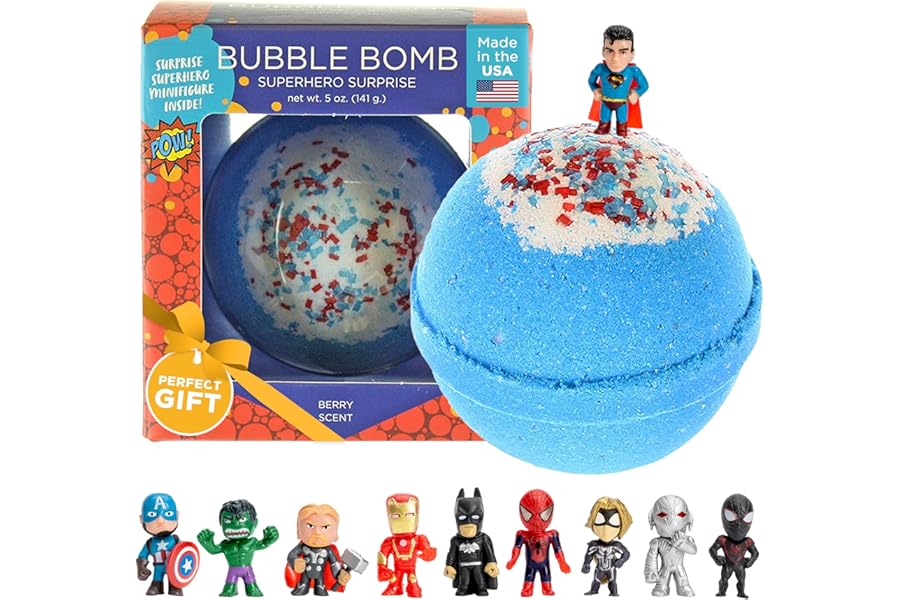 Superhero Bath Bombs for Kids & Boys with Surprise Hero Toys Inside (1 Pack) – Large Bubble Bath Bombs for Boys & Girls – Children Gift & Boys Stocking Stuffers – Fruity Scent, USA Made by Two Sisters