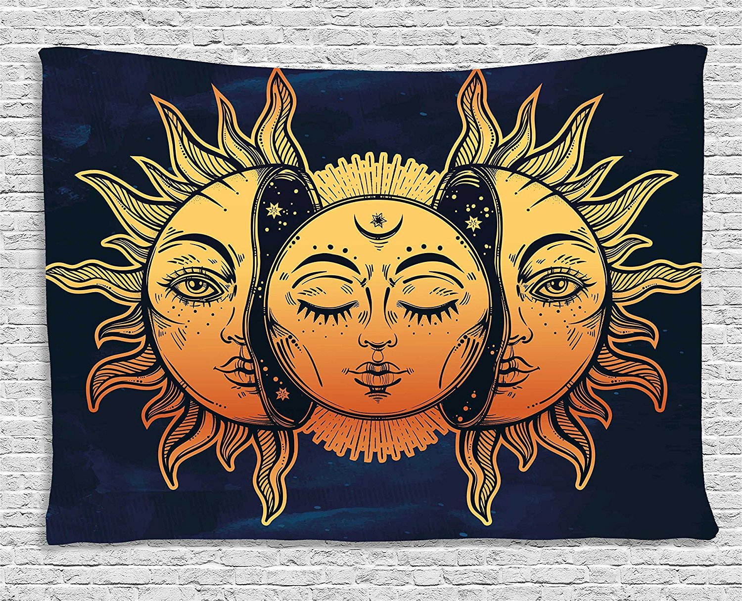 Psychedelic Tapestry Indian Moon and Sun with Many Fractal Faces Tapestry Wall Decor (Sun, 50\'\'X60\'\')