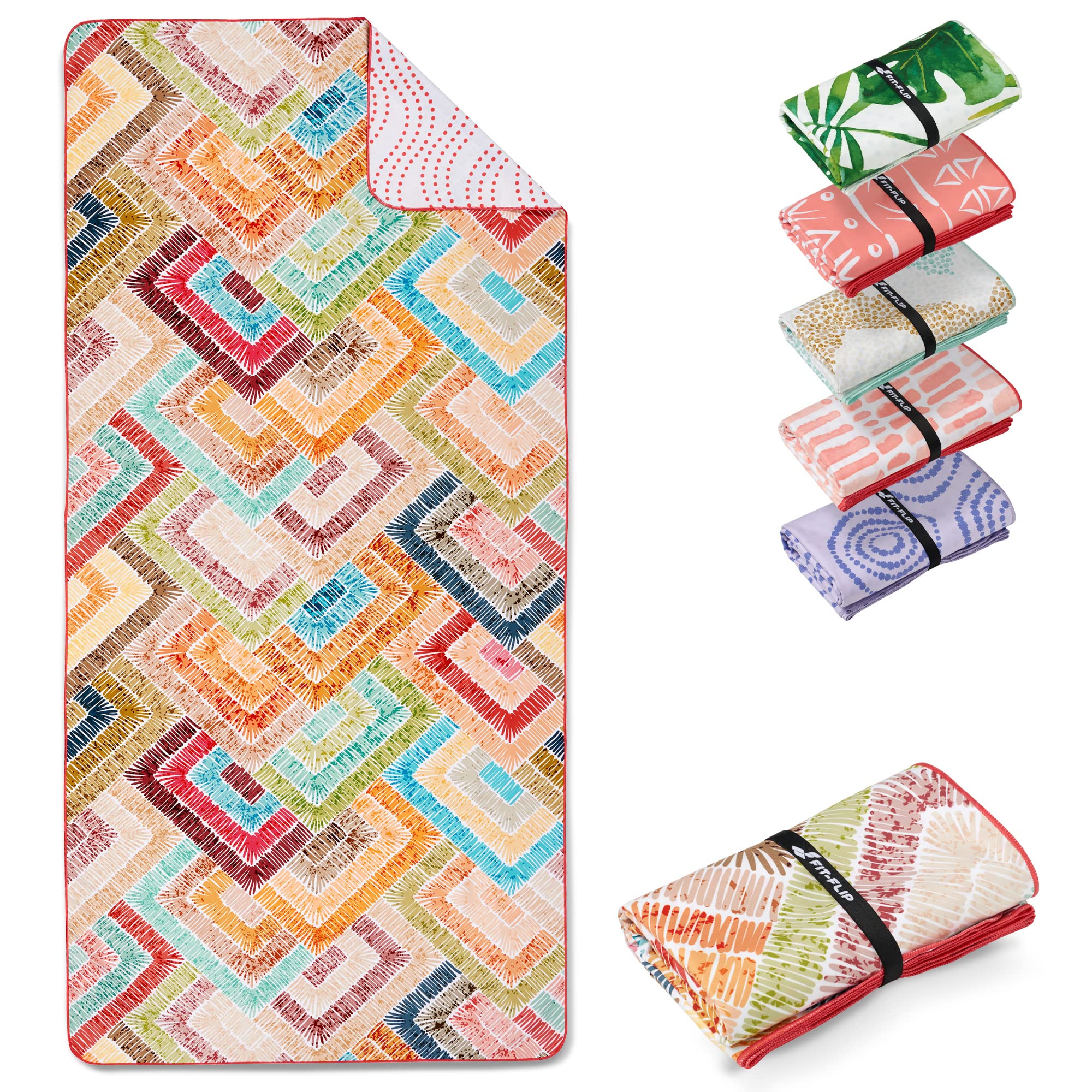 Fit-Flip Beach towel microfibre - large quick dry towels - for travel and swimming - lightweight, compact and super absorbent - sand free, 100% recycled - Fancy Squares 200x90cm