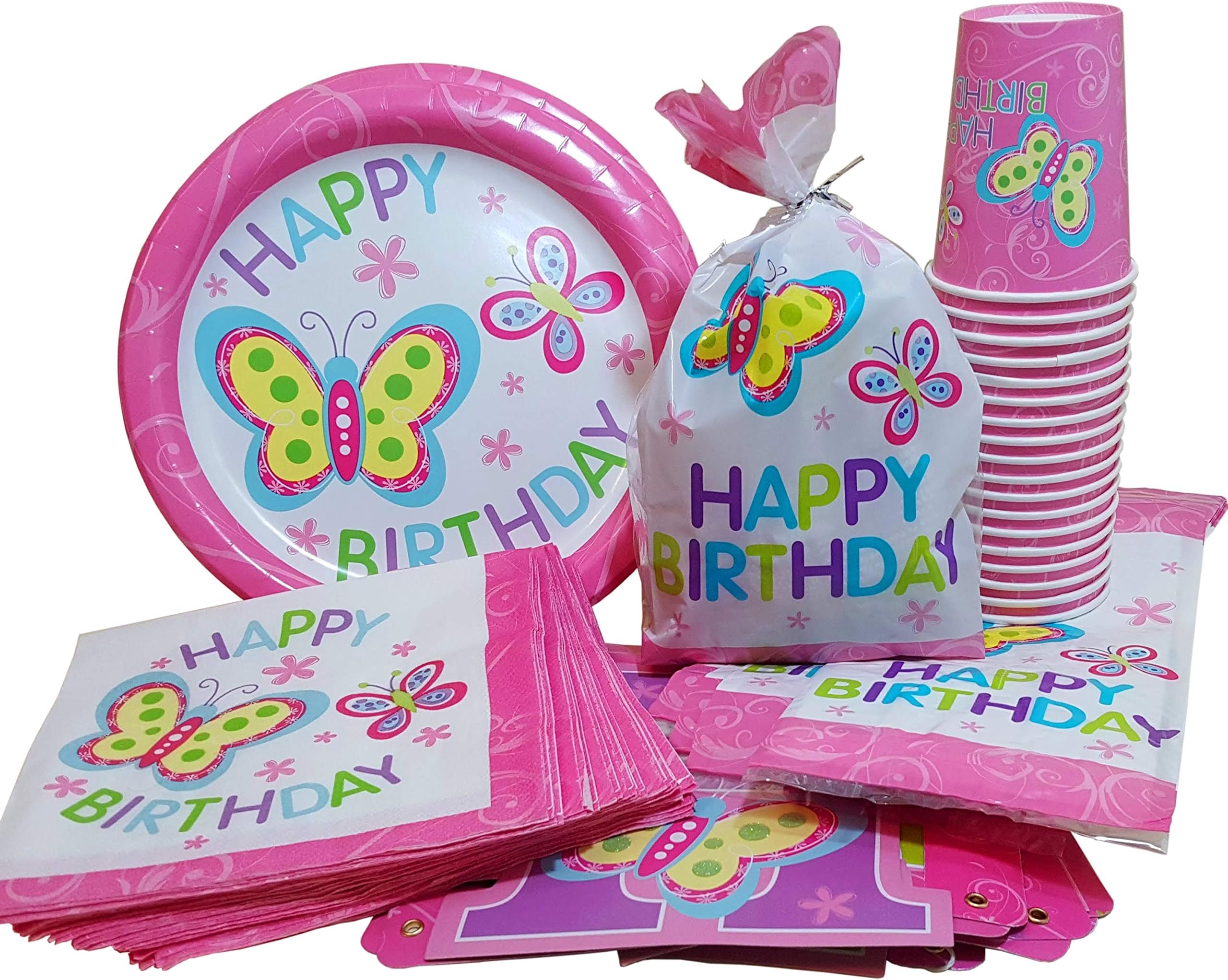 HL Enterprise Butterfly Birthday Party Supplies: Butterfly Birthday Plates, Napkins, Cups, Butterfly Birthday Banner and Treat Bags,Serves 18