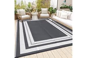 Ixidelu 10' x 14' Outdoor Rug Waterproof, Bordered Plastic Straw Rug for Patio with Carry Bag Reversible UV Resistant Outdoor