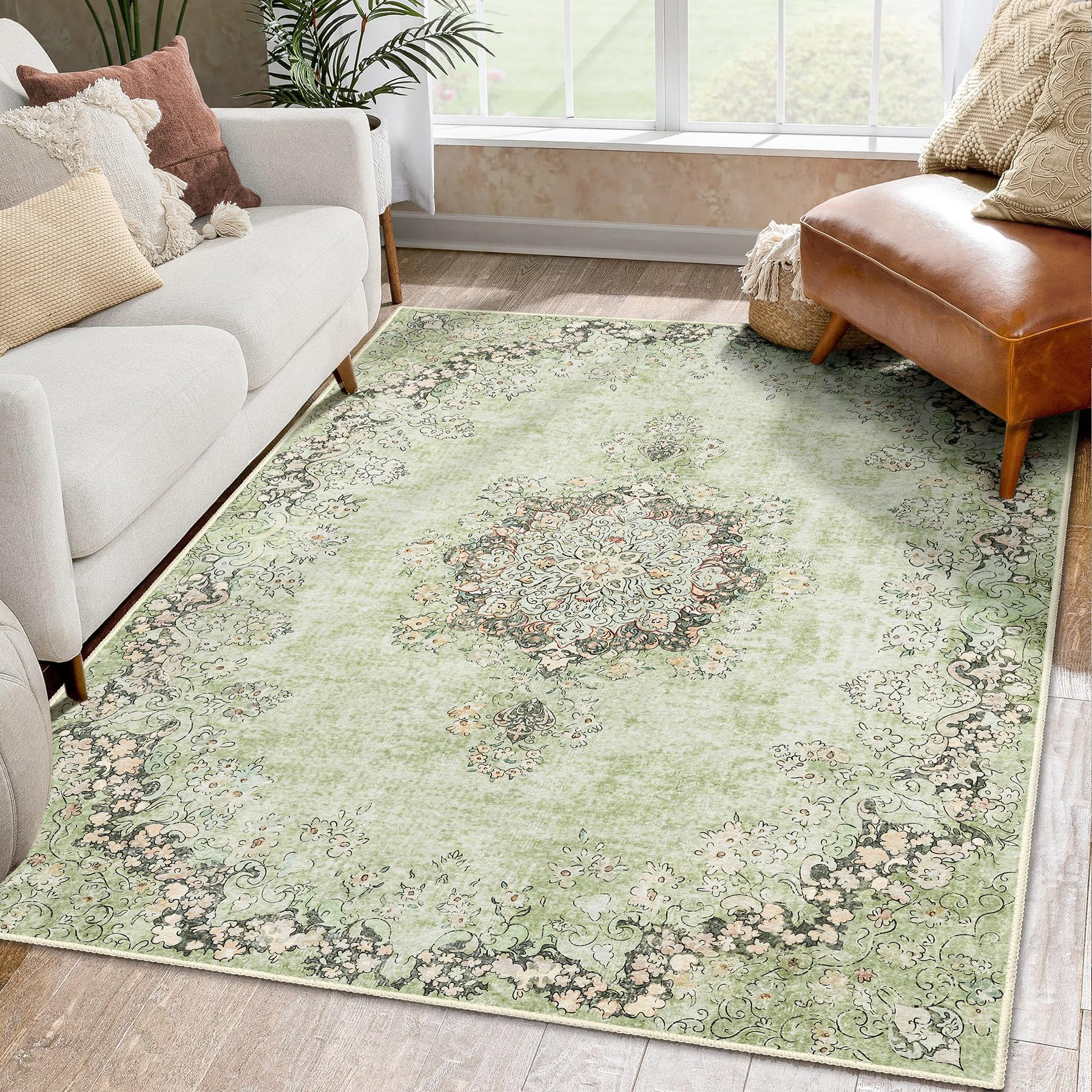 Photo 1 of TANVILL Green Rug 3x5 Area Rugs, Washable Vintage Rug for Bedroom Living Room Entryway Kitchen Laundry Room, Small Soft Boho Retro Non Slip Floor Carpet