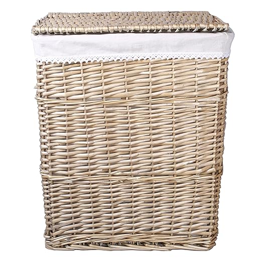 Gris y cesta para la ropa sucia de mimbre rectangular con tapa interior