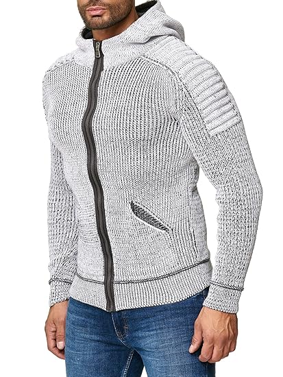 J'S FASHION Herren Strick-Jacke mit Kapuze - Grobstrick - Slim-Fit - Melange Hoodie Hochwertiger Pullover