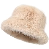 LA CARRIE Women's Fuzzy Wide Brim Faux Fur Bucket Hat Winter Warmer Fisherman Cap
