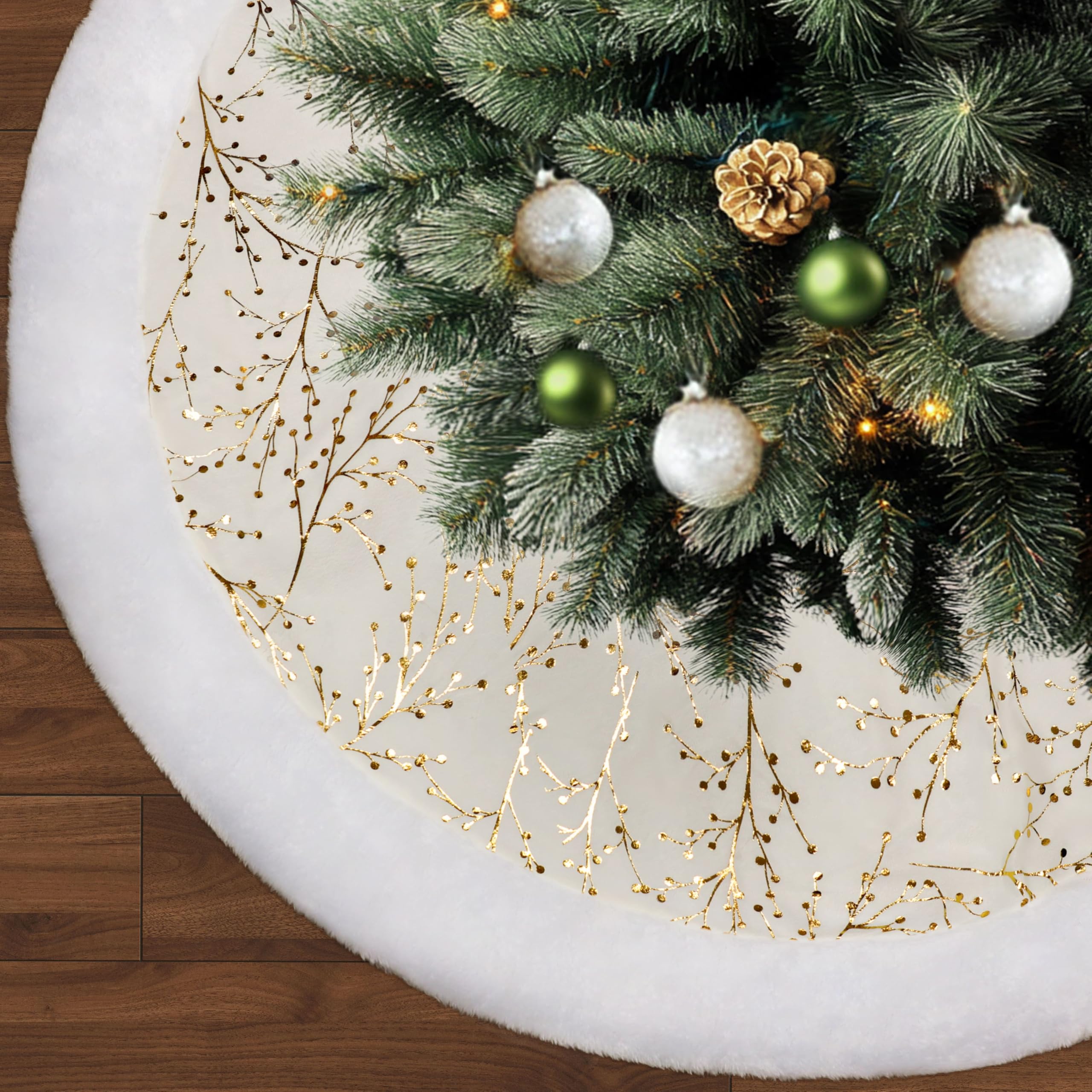 Photo 1 of 48 Inch Christmas Tree Skirt,White and Gold Faux Fur Xmas Tree Skirt,Thick Plush Velvet Tree Skirt for 4ft/6ft/7.5ft/9ft Christmas Trees,Large White Christmas Tree Skirt for Holiday Decoration