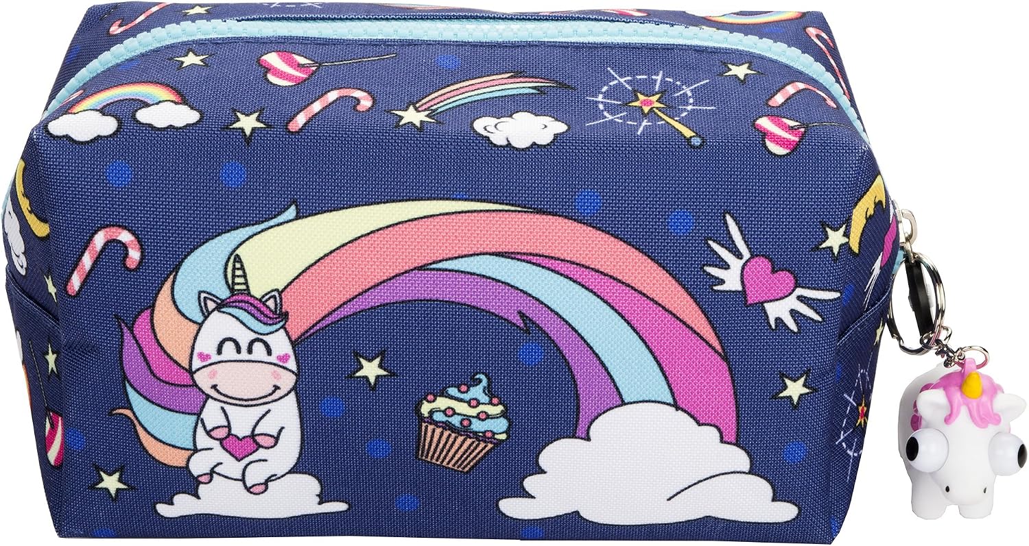 Fringoo® Large Square Pencil Case for Kids Stationery Pouch with Eye Popper Zip Puller (Believe in Unicorns) - Image 3