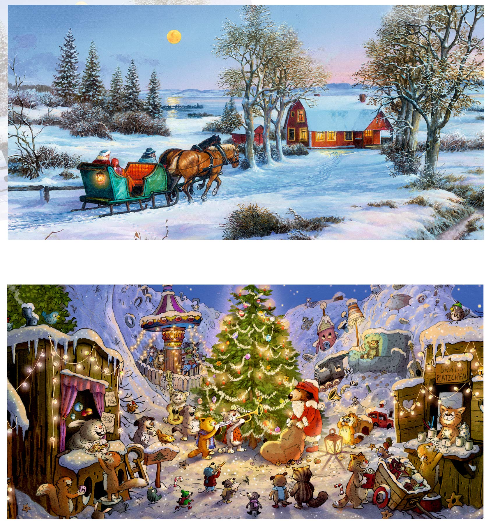 Set of 2 Advent Cards - Santa Sleigh Happy Christmas Time and Christmas TreeAdvent Cards Coppenrath Cards 16.5 x 11.5 cm