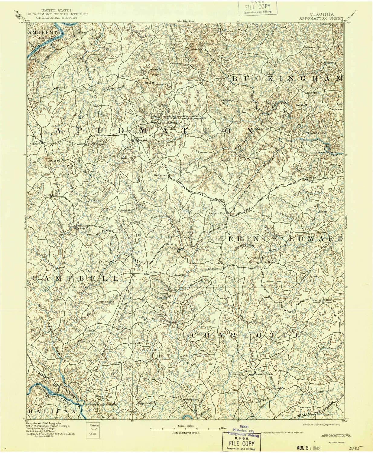 YellowMaps Appomattox VA topo map, 1:125000 Scale, 30 X 30 Minute, Historical, 1892, Updated 1943, 20 x 16.5 in
