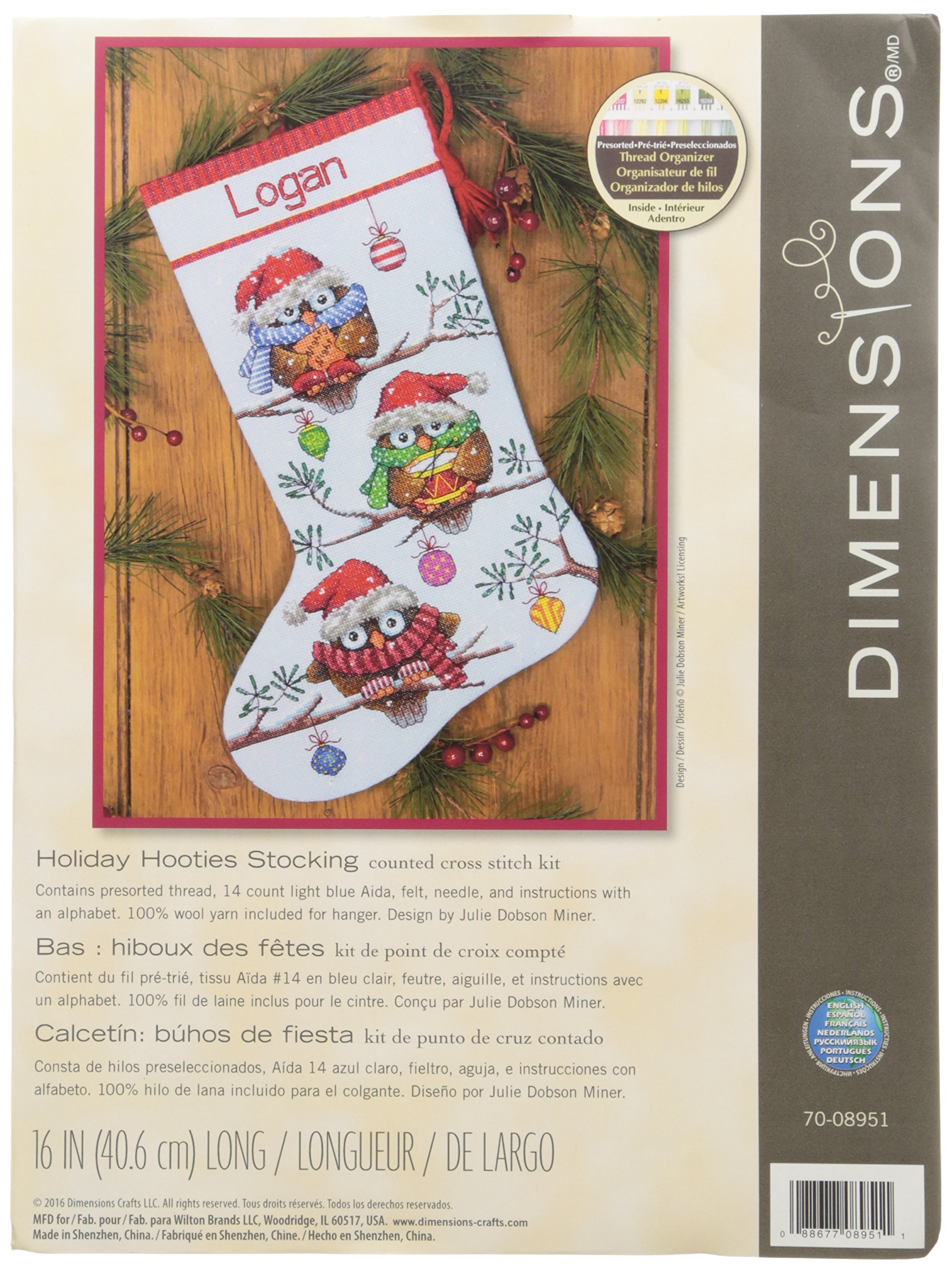 Dimennsions Counted Classic Stocking: Holiday Hooties, Aida, Multi-Colour, 19.6 x 13.9 x 1.4 cm