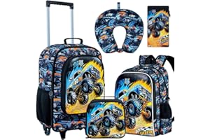 FTJCF 5Pcs Kids Suitcase for Boys, 18" Truck Toddler Carry on Luggage with Wheels, Cool Travel Rolling Set(Black)