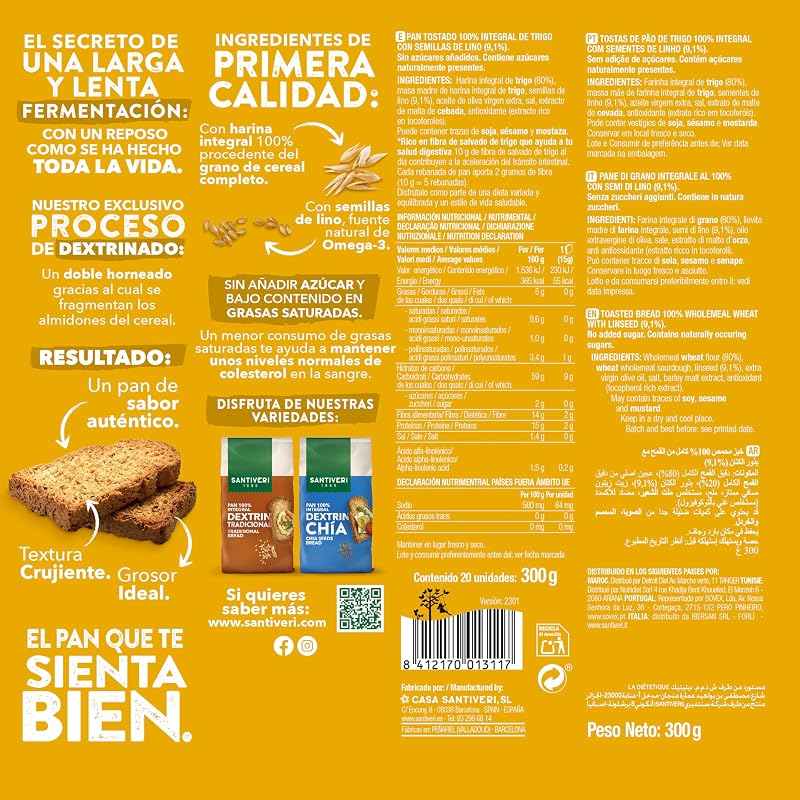 - Dextrín – Tostadas de Pan 100% Integral, Alto en Fibra, Sin Azúcares Añadidos, Vegano – 300 g (Lino)