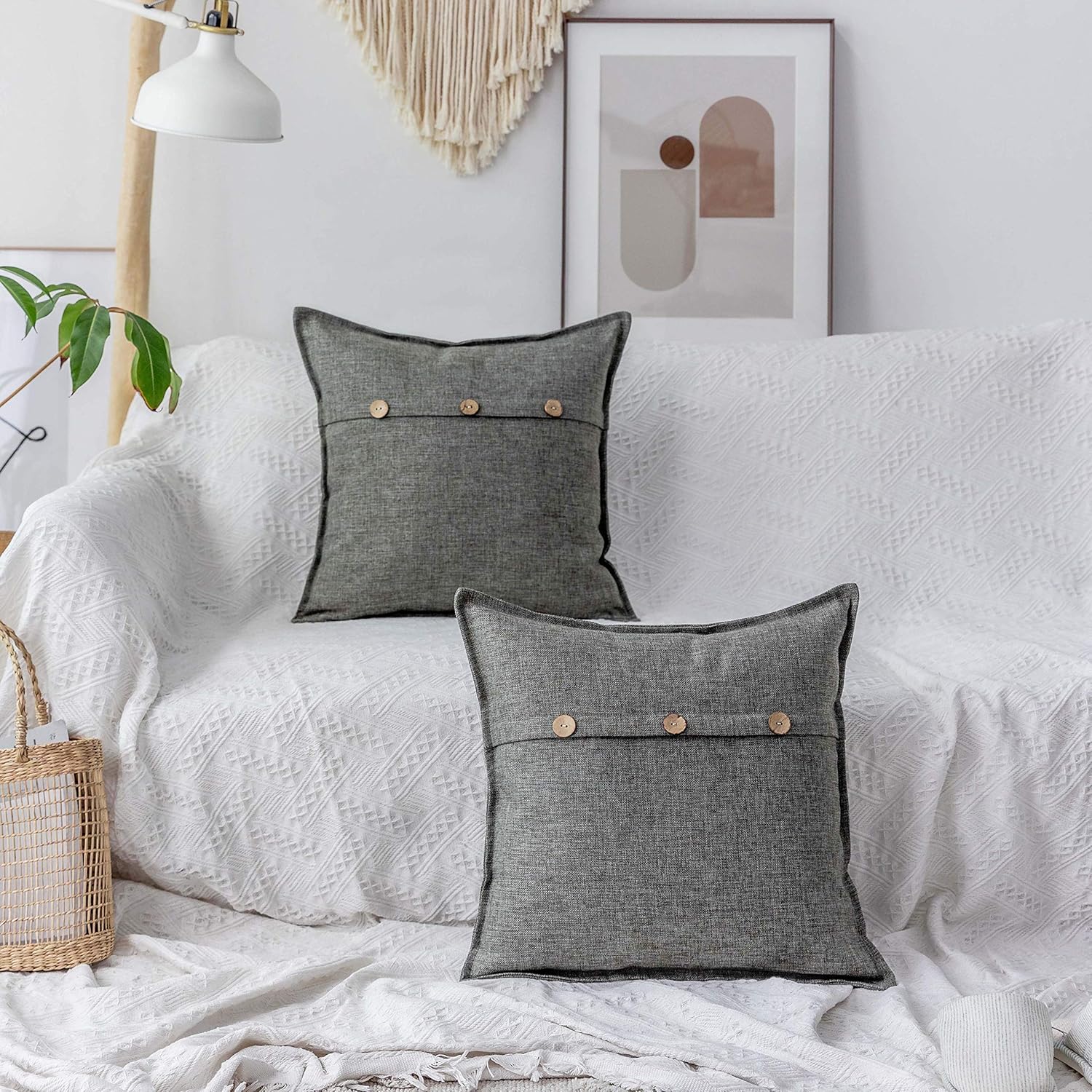 Home Brilliant Linen Gray Burlap Throw Pillow Covers Button Decorative 2 Pcs Cushion Covers for Sofa, 18x18 inch,45x45cm, Dark Grey: Home & Kitchen