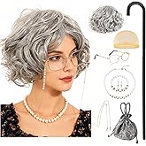 RIOSO Old Lady Costume for Women Granny Grey Wig Adult Outfit for Woman Old Grandma Costumes