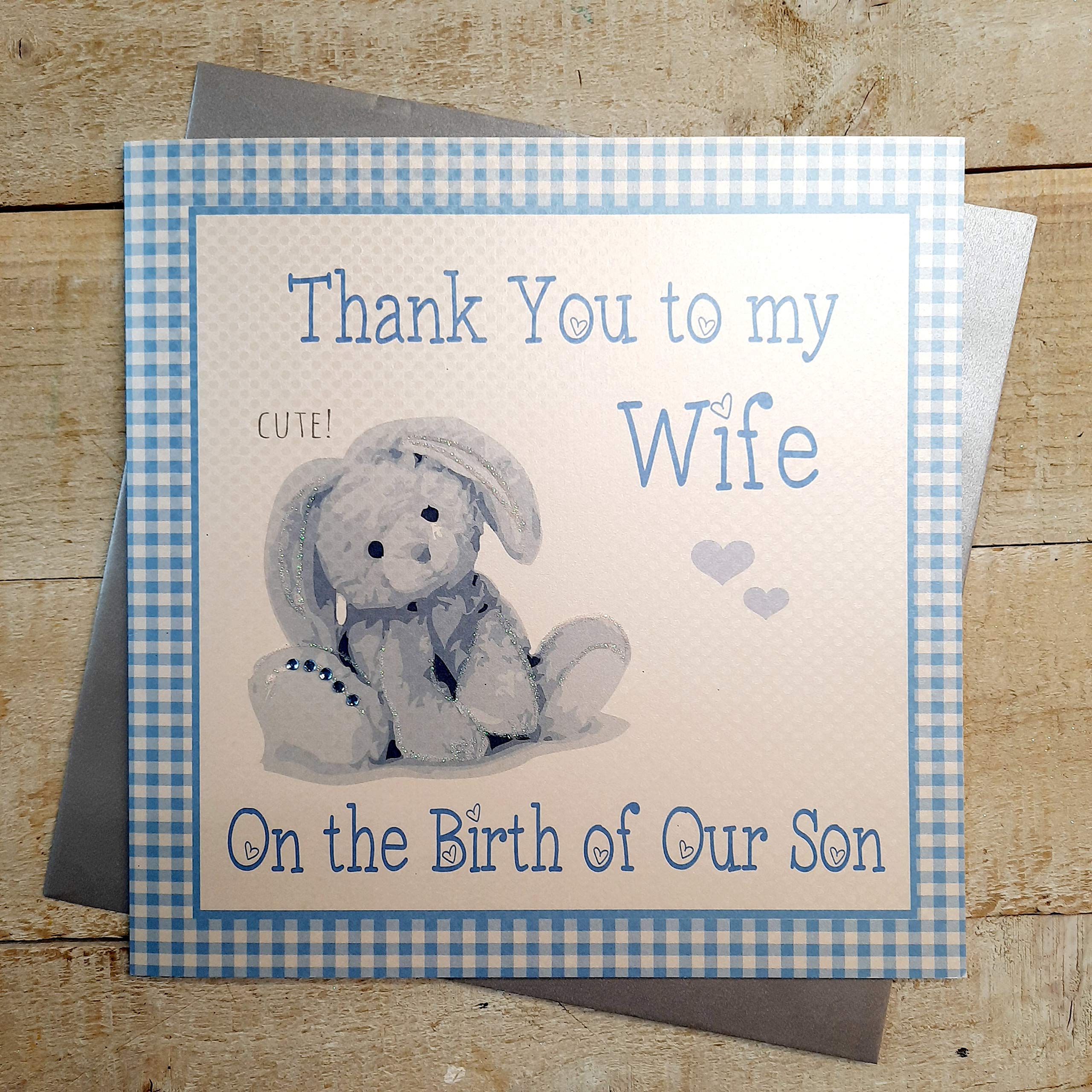 white cotton cards Thank You to My Wife On The Birth of Our Son, Handmade New Baby Card, Code XG69-W, Blue Gingham