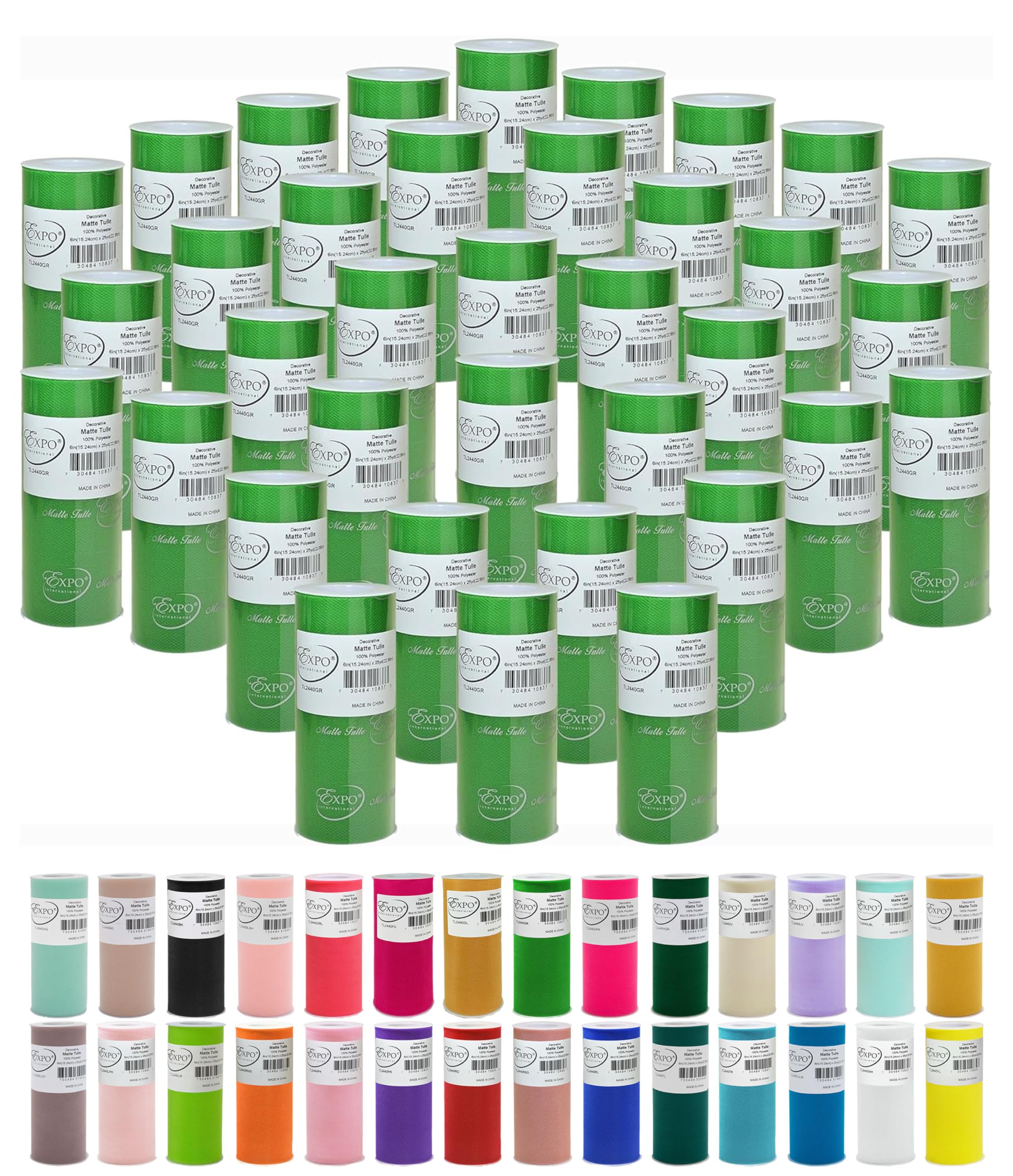 Expo International Decorative Matte Tulle, Lightweight Polyester Tulle Fabric for Tutus, Costumes, and Party Decorations, Washable, Easy-to-Use, 6 Inch x 25 Yards, Green Multi, Pack of 36 Image