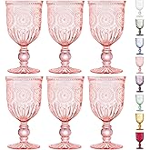 Yungala Pink Wine Glasses Set of 6 Vintage Hobnail Goblets 10 oz Transparent Glassware with Stems Dishwasher Safe