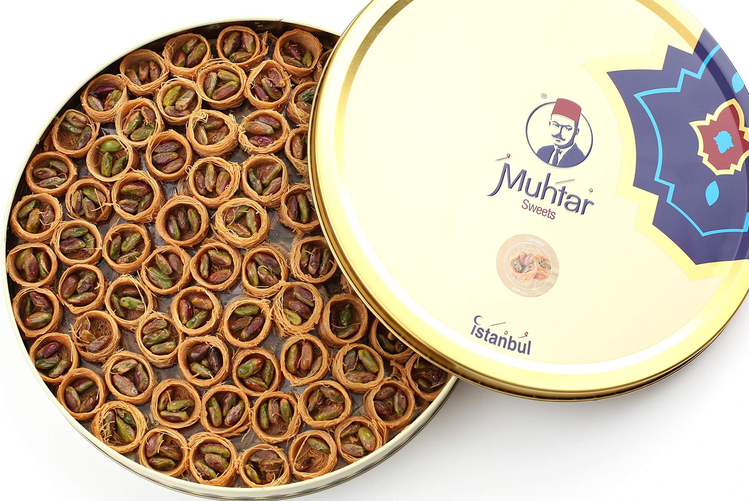 Muhtar Sweets Premium Quality Baklava Ishel Bilbol pistachios Assortment (24.6 Oz Net) - Middle Eastern Petit Gourmet Sweets Gift Box - Arabic, Turkish, Syrian, Lebanese.