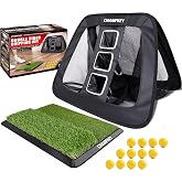 CHAMPKEY Double -Sided Golf Chipping Net with Mat and 12 Foam Balls - Professional Golf Practice Net Ideal for Indoor and Outdoor Training