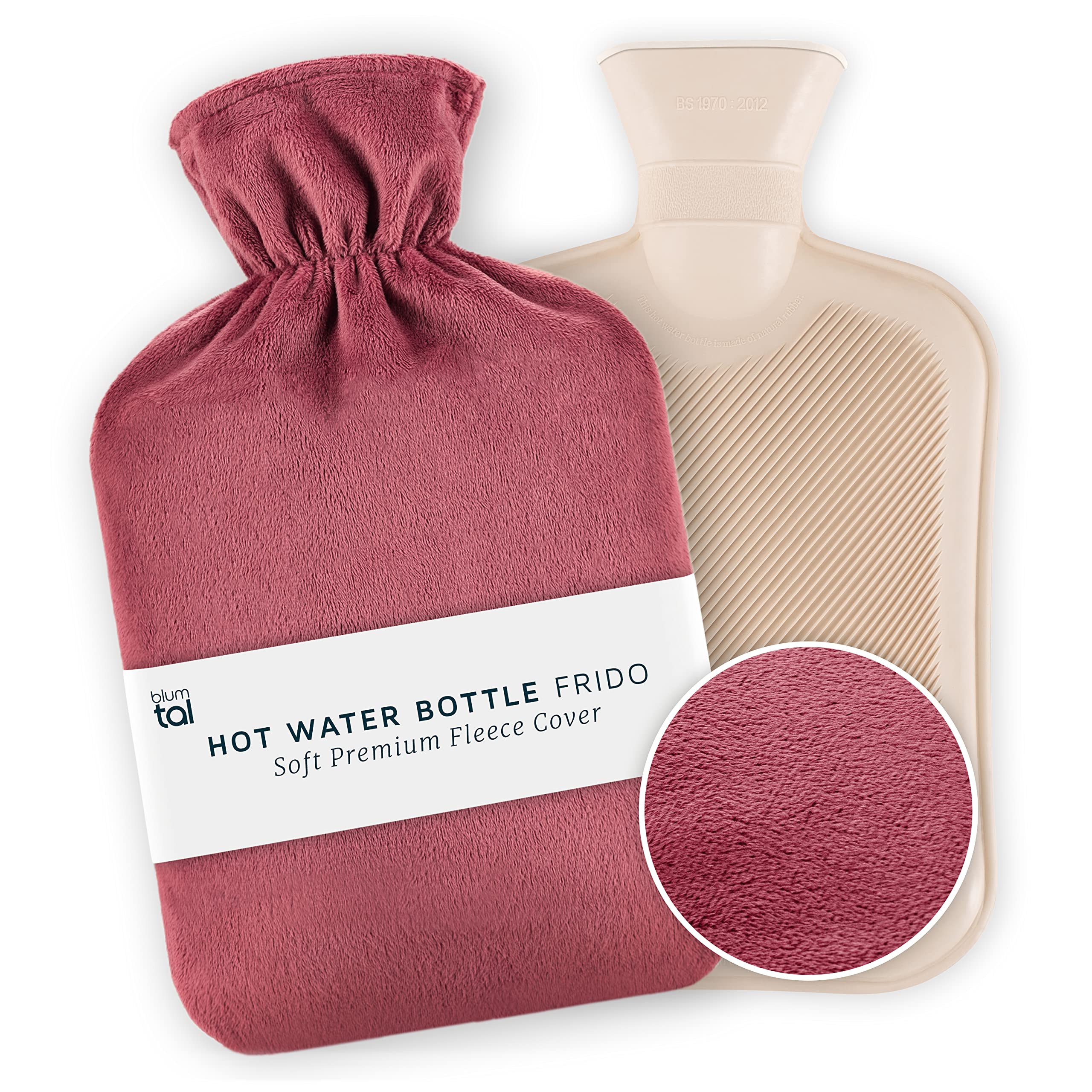 Blumtal Hot Water Bottles Frido - Super Soft Fleece Cover, Large Capacity, UK Testing Standards - Hot Water Bottle with Cover UK, Cedar Wood Red (1.8 Litre)