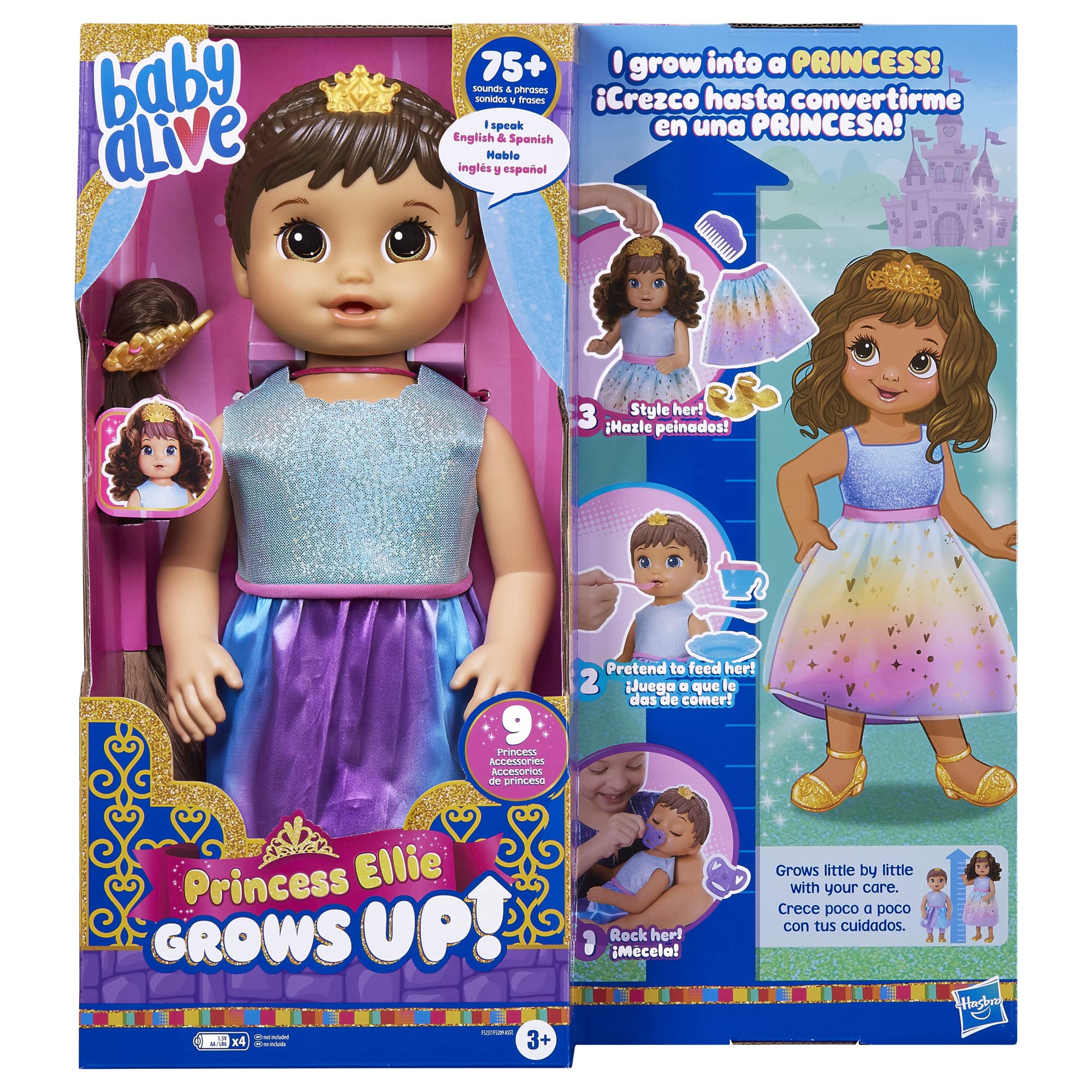 View 1 of Baby Alive Princess Ellie Grows Up! Brown Hair, Interactive Doll with Accessories, Toys for 3+ Years Old Girls and Boys, 18-Inch