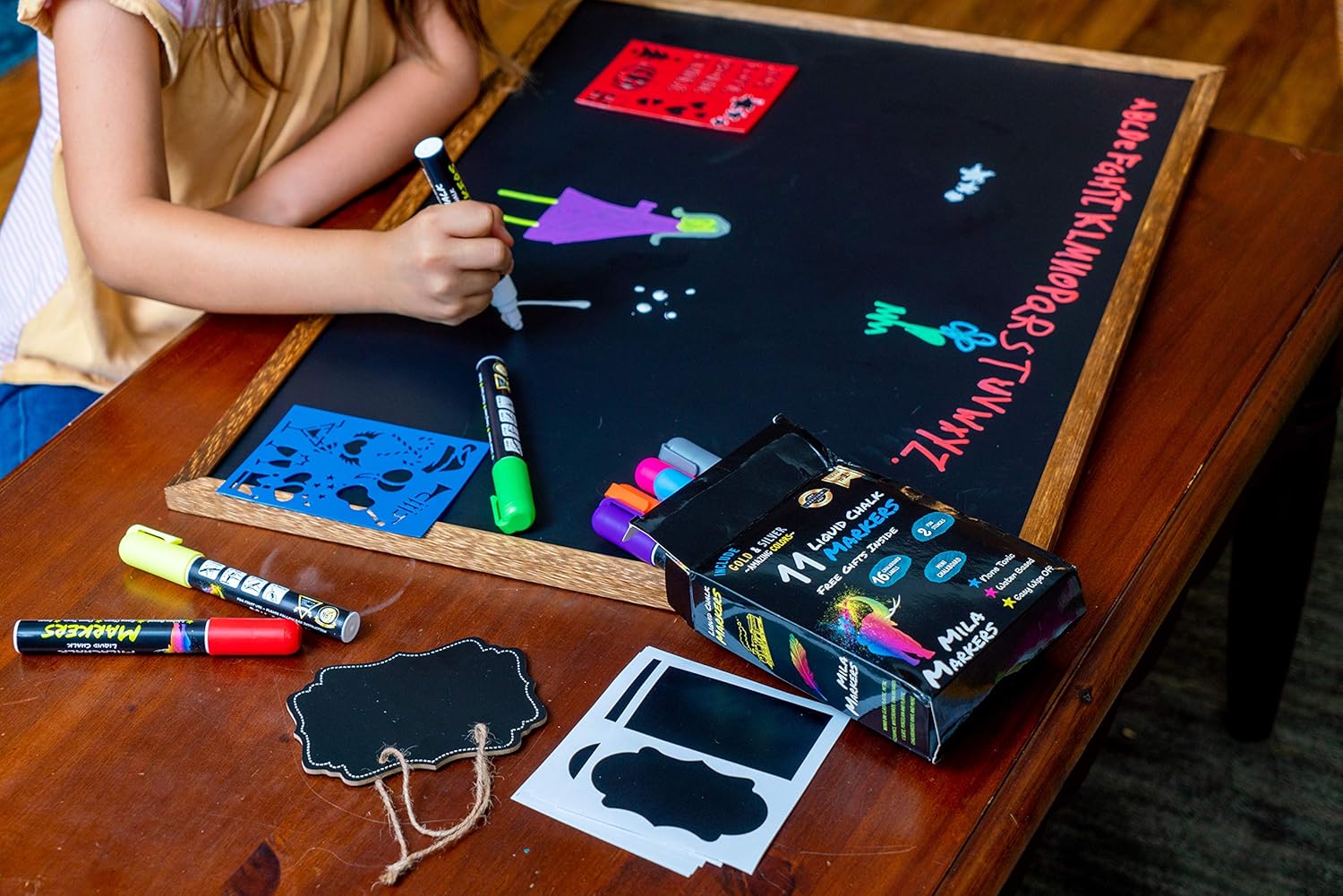 Chalk Markers by Mila Markers, Pack of 11 + A Chalkboard + Christmas Drawing Stencils + 16 Labels, Premium Liquid Chalkboard Neon Pens, Including Gold, Silver and Extra White Ink, 6mm Tips : Office Products