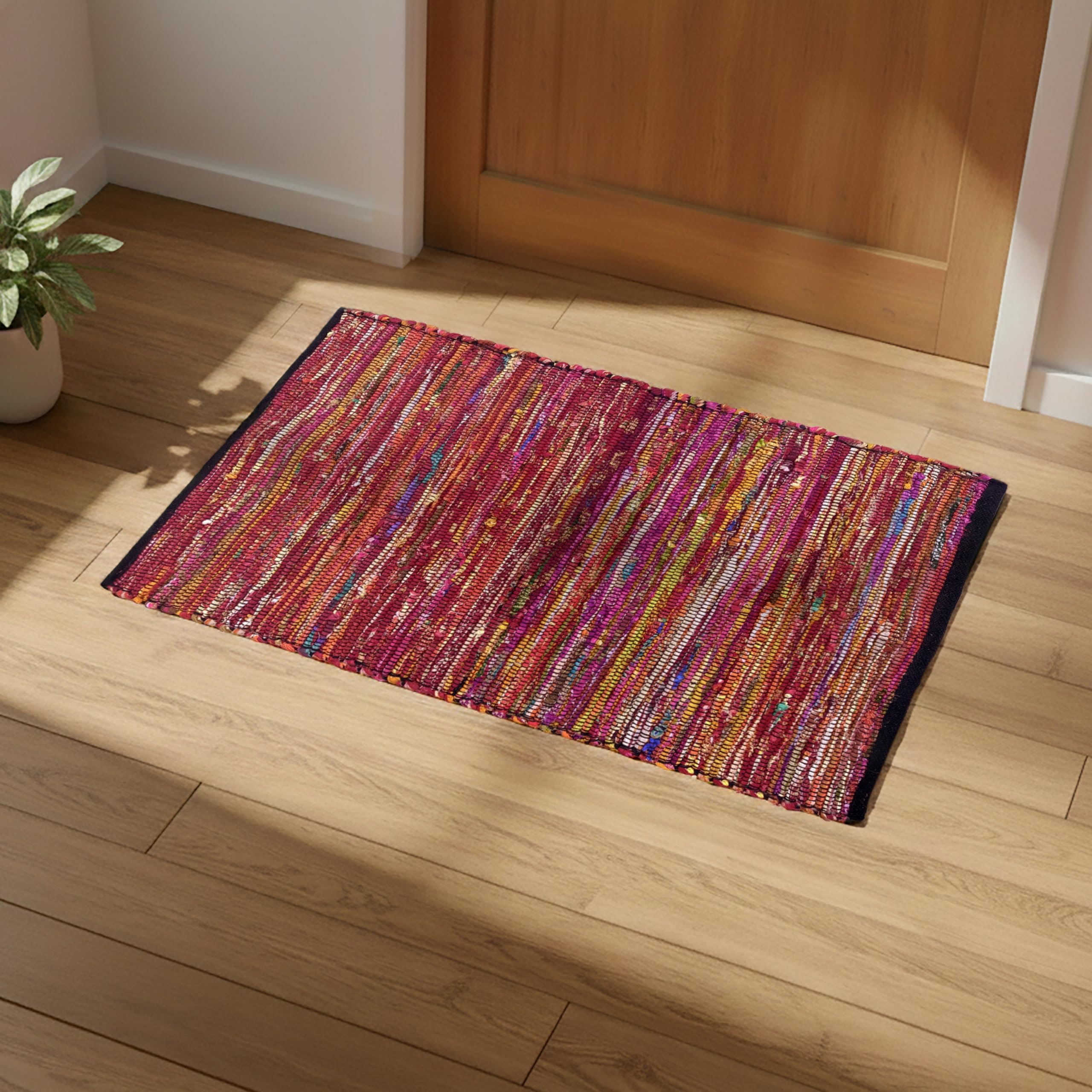 Ramanta Home Cotton Multi Chindi Hand Woven Area Rug, 60x90 CM/ 24x36 inch, Multi Colour, Machine Washable, Hand Woven, Indoor/Outdoor, Living Room, Bedroom, Dining Room, Kitchen