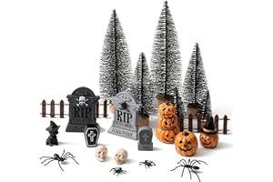 W1cwey Halloween Village Scene Ornaments Accessories, Set of Pumpkin, Tombstones, Skeletons, Spiders, Black Cat, Pine Trees, Resin Miniature Garden Scene Decor for Halloween Party