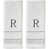 SKL Home Casual Monogram Hand Towel Set, R, 16x26, White 2 Count