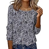 Ivicoer Women's 3/4 Length Sleeve Tops Crewneck Button Pleated Dressy Casual Blouses