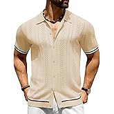 URRU Men's Knit Short Sleeve Shirts Button Down Vintage Knitted Polo Shirt Casual Summer Beach Vacation Textured Shirt
