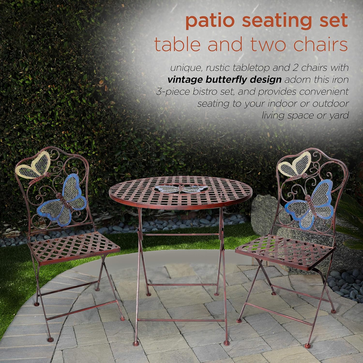 Alpine Corporation Indoor/Outdoor Butterfly Design 3-Piece Bistro Set Folding Table and Chairs Patio Seating, Multi (BVK574A): Garden & Outdoor