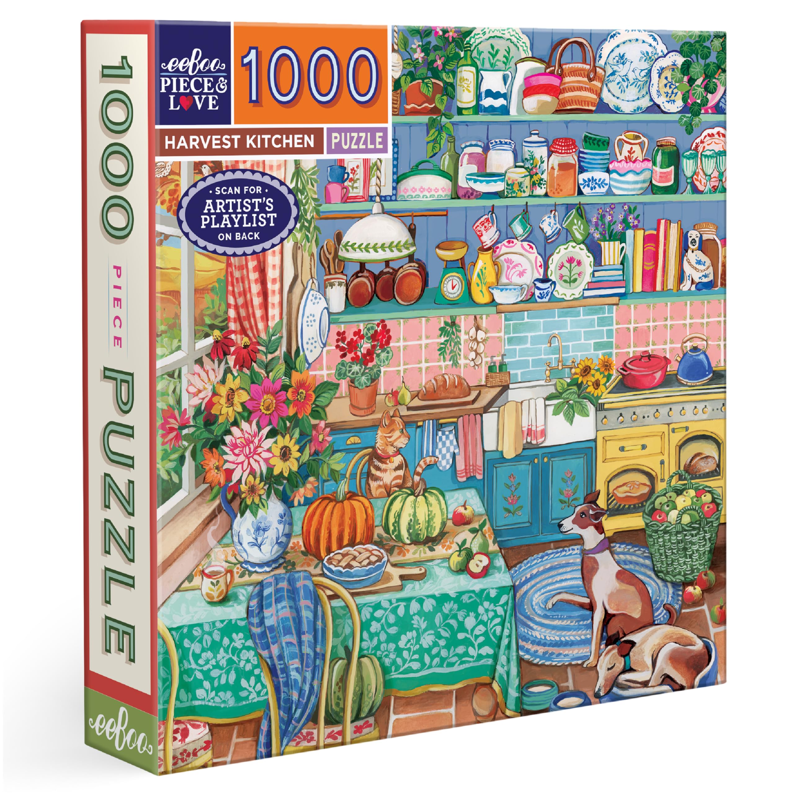 eeBoo Piece & Love: Harvest Kitchen - 1000 Piece Puzzle – 23" Square Adult Jigsaw, Cozy Rustic Home & Pet Scene, Glossy & Dustless, Eco-Friendly Image