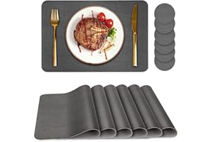 BACGNYER Placemats Set of 6, Placemat with Coasters Heat Stain Scratch Resistant Non-Slip Waterproof Oil-Proof Washable Wipeable Outdoor Indoor for Dining Patio Table Kitchen Decor and Kids，（Grey 6）