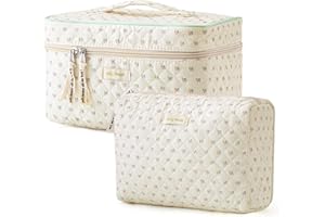 HBselect 2Pcs Cotton Quilted Makeup Bag Coquette Makeup Bag Large Travel Cosmetic Bag Aesthetic Cute Kawaii Floral Makeup Bag Toiletry Bags for Women Girls