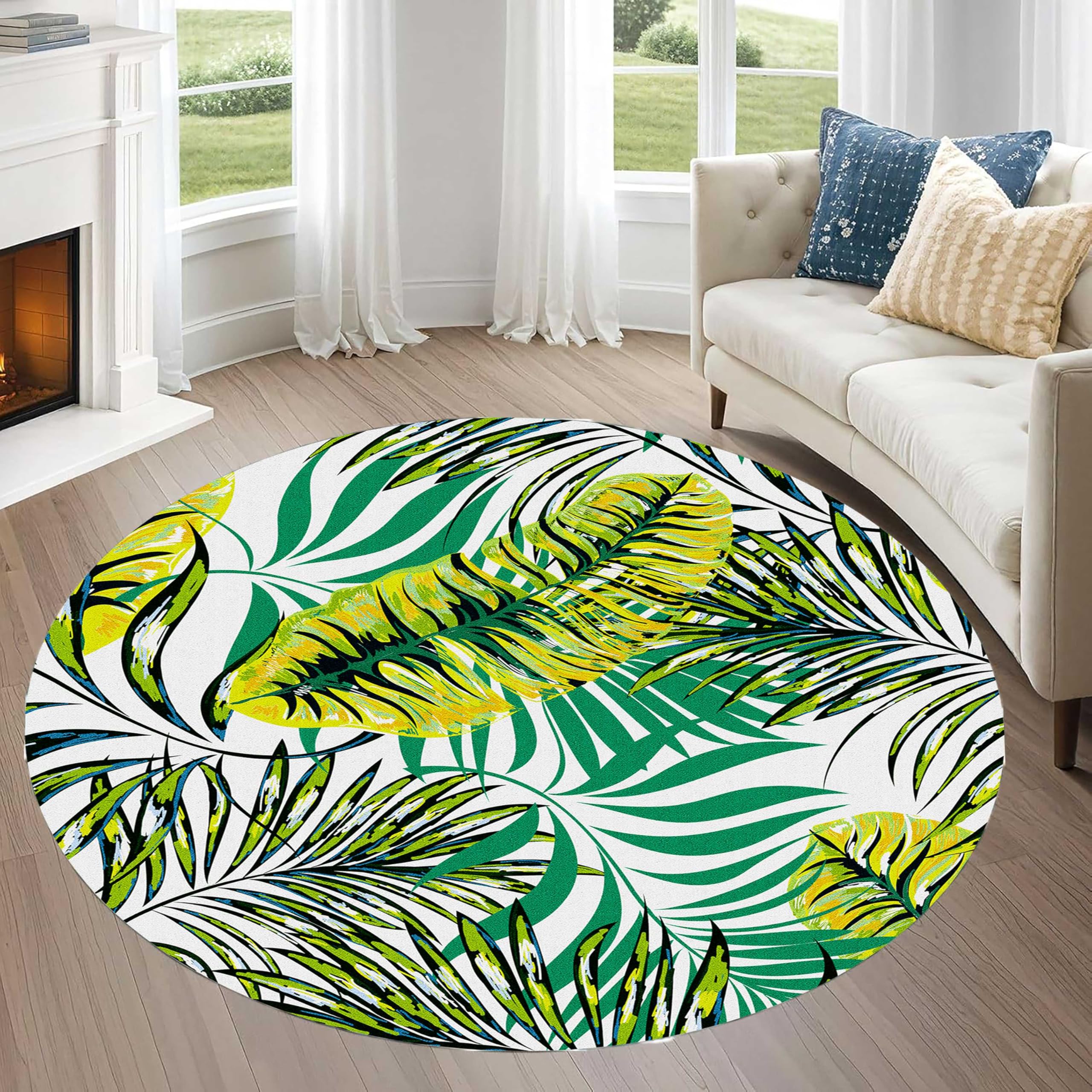 Photo 1 of *See Clerk Notes*
Tropical Round Rug 4ft, Watercolor Palm Leaves Pattern Low Pile Circle Carpet, Non-Slip Washable & Non-Shedding Indoor Mat for Bedroom, Entrance, Office Decor